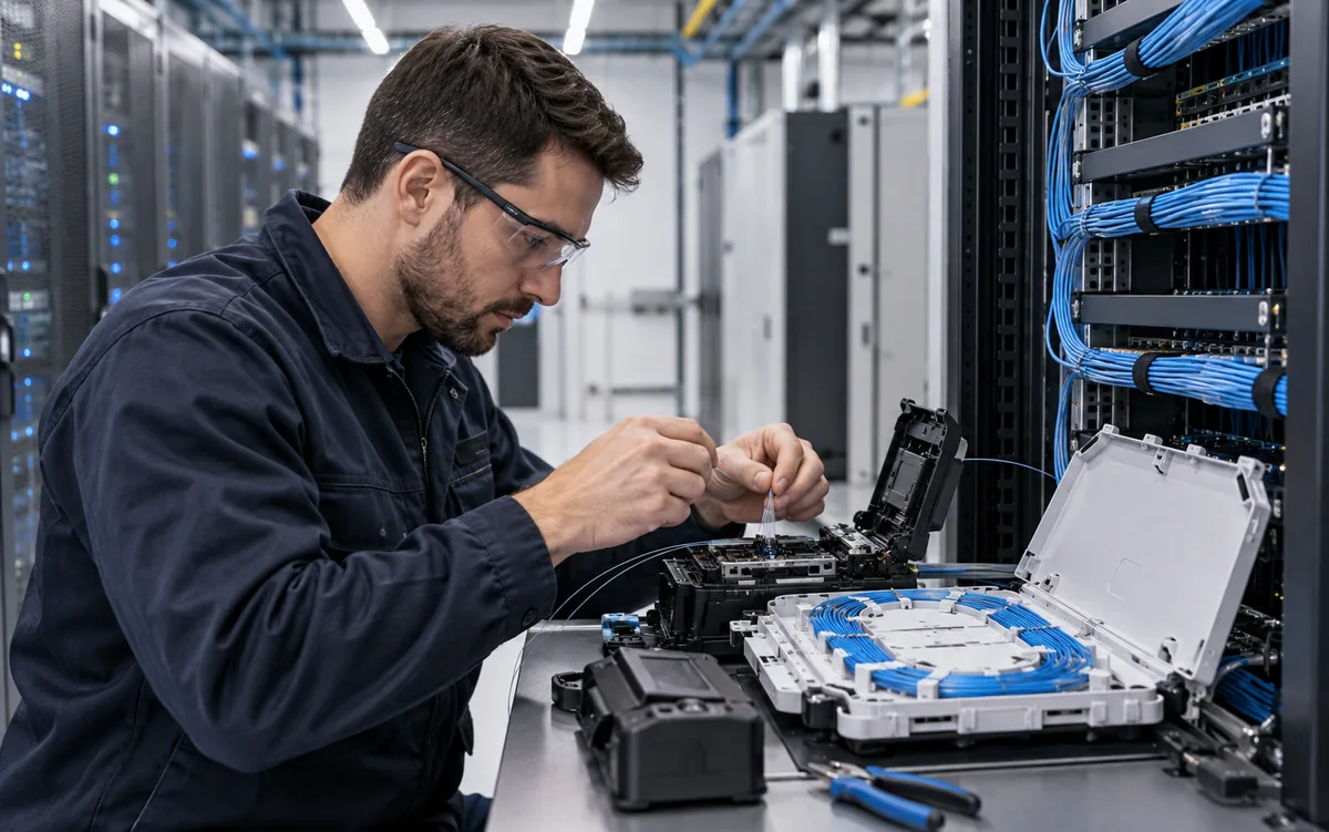Técnico instalando y fusionando una red de fibra óptica